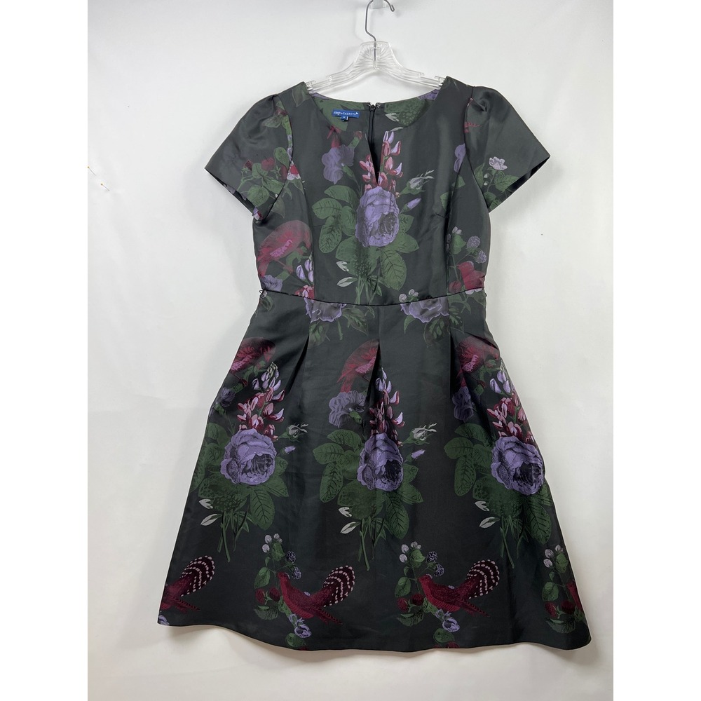 rsvp by Talbots Floral Bird Print Dress Womens 14 Gray Purple Satin Fit Flare